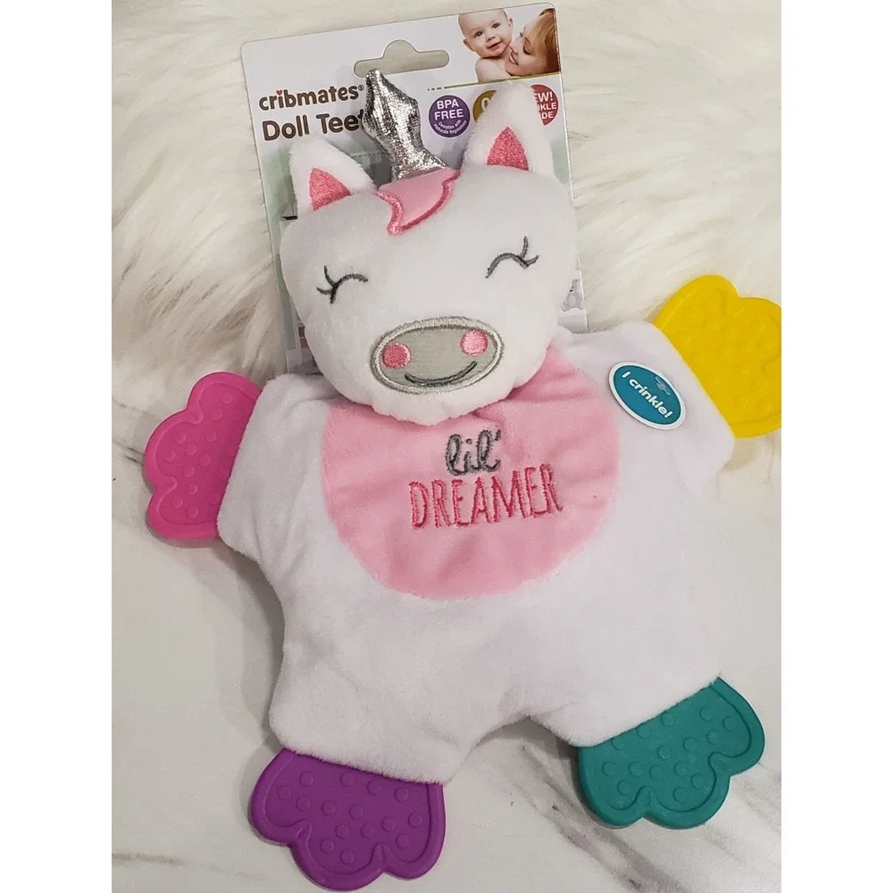 NEW Cribmates‎ UNICORN Doll Teether Toy Sensory Sound Baby Lovey Shower Gift